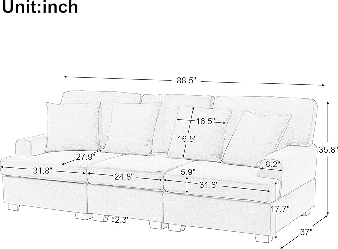 Wider 3 Seater Linen Upholstery Cushions Sofa Couch, Modern Deep Seat Sleeper Daybed Sofa&Couch with 4 Comfortable Pillows Perfect for Home Office Apartment Compact Living Room, 88.5", Grey-346 - LeafyLoom