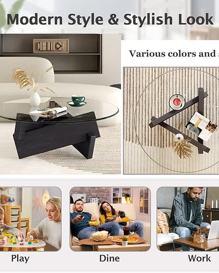 Coffee Table, Round Coffee Table for Living Room Modern Glass Coffee Table with Solid Wood Legs Farmhouse Mid Century Center Table Large Circle Cocktail Table (Black + Brown, 35.4in) - LeafyLoom