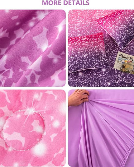 PERFEMET Purple Glitter Comforter Set Twin Size 6 Pieces Bed in A Bag for Teen Girls 3D Colorful Rainbow Bedding Comforter Sheet Set Ultra Soft Galaxy Quilted Duvet - LeafyLoom