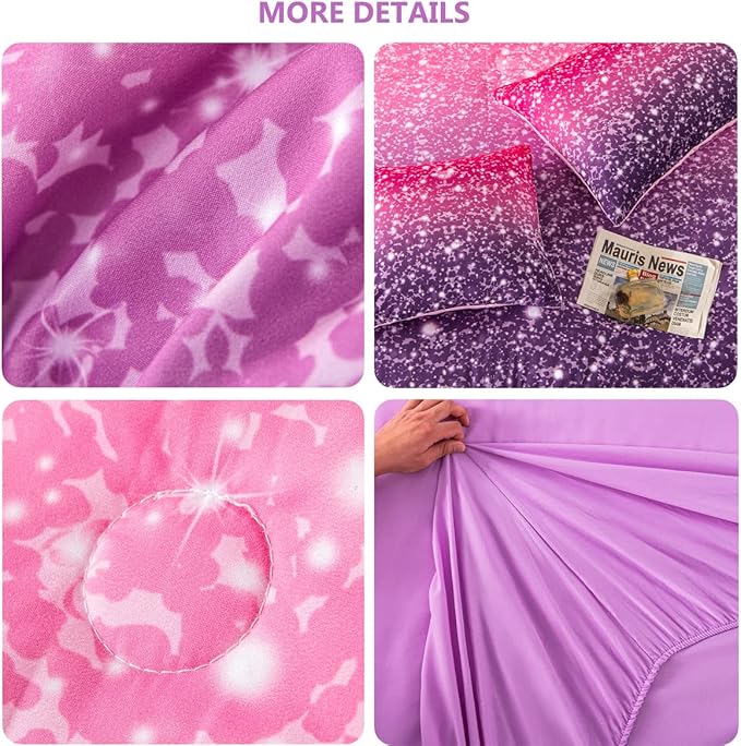 PERFEMET Purple Comforter Set Full Size - 6Pcs Colorful Rainbow Girls Bedding Set - Sparkly Pastel Ombre Bed in A Bag - (1 Comforter, 1 Flat Sheet, 1 Fitted Sheet, 2 Pillowcases, 1 Cushion Cover) - LeafyLoom