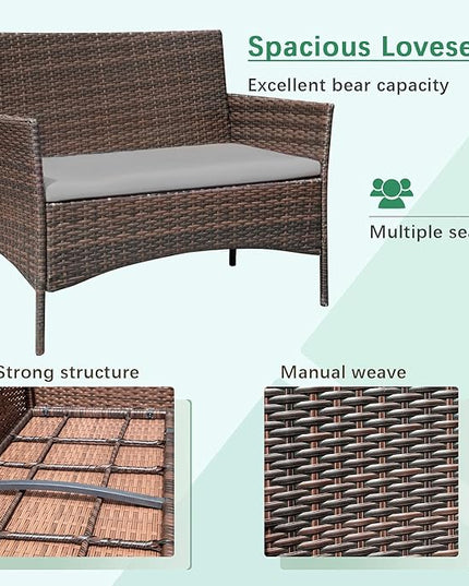 Greesum Patio Furniture 4 Pieces Conversation Sets Outdoor Wicker Rattan Chairs Garden Backyard Balcony Porch Poolside loveseat with Soft Cushion and Glass Table, Brown and Gray - LeafyLoom