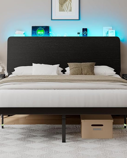 Feonase Full Size Bed Frame with Ergonomic Storage Headboard & Charging Station, LED Platform Bed Frame, Heavy Duty Metal Slats, No Box Spring Needed, Easy Assembly, Black - LeafyLoom