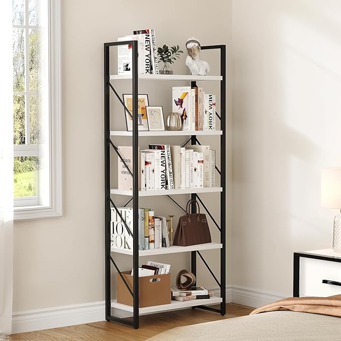 YITAHOME 5-Tier Bookshelf, Freestanding Black and White Book Shelf, Modern Minimalist Open Display Storage Book Shelves Standing Shelving Unit for Living Room Bedroom Home Office, White - LeafyLoom