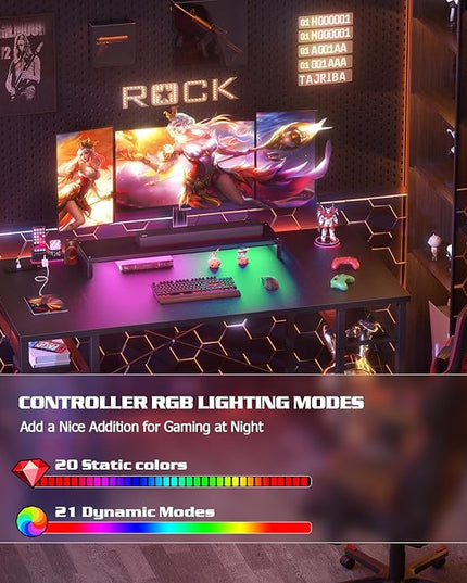 armocity Computer Desk with LED Lights, 55 Inch Desk with Power Outlet and USB, Reversible Large Desk with Moveable Monitor Stand, 55.2'' Gaming PC Table for Home Office, Workstation, Black - LeafyLoom