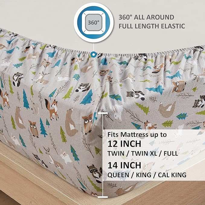Comfort Spaces Cotton Flannel Breathable Warm, Deep Pocket Sheets with Pillow Case Bedding, Full, Multi Forest Animals 4 Piece - LeafyLoom