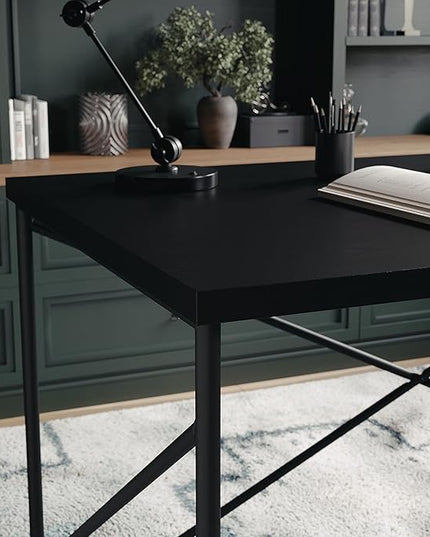 Martha Stewart Maddox Home Office Parsons Desk in Black Wood Grain with Oil Rubbed Bronze Metal X-Frame - LeafyLoom