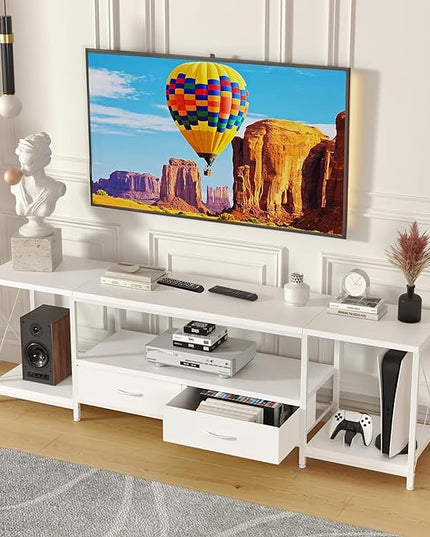 TV Stand with Fabric Drawers for 55 60 65 Inches TV - Entertainment Center and Industrial TV Console Table with Open Storage Shelves for Living Room, Bedroom - 55.1" White - LeafyLoom