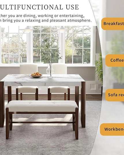 NicBex Dining Table Set for 4 Kitchen Table Set Modern 46" Faux Marble Style Table and 2 Upholstered Chairs & Bench with Wood Legs for Kitchen, Space-Saving, Off White - LeafyLoom