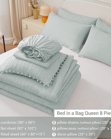 8 Piece Woven Texture Sage Green Comforter Set Queen, Bed in A Bag Bedding Sets Queen with Comforter and Sheets, Soft Lightweight Comforter Set with Deocor Throw Pillow, Green - LeafyLoom