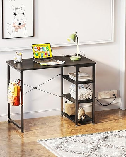 AODK Laptop Desk Small Desk, 32 Inch Computer Desk with Power Outlet and USB & Type-C Charging Port, Writing Desk with 3-Tier Reversible Storage Shelf for Home Office, 32'' x 16'', Black - LeafyLoom