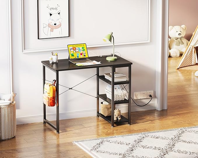 AODK Laptop Desk Small Desk, 32 Inch Computer Desk with Power Outlet and USB & Type-C Charging Port, Writing Desk with 3-Tier Reversible Storage Shelf for Home Office, 32'' x 16'', Black - LeafyLoom