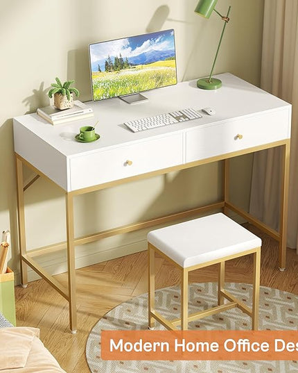 SUPERJARE 35.4" White and Gold Desk with 2 Drawers, Modern Makeup Vanity Desk with Padded Stool, Small Computer Desk Home Office Desk for Writing Study Bedroom - LeafyLoom