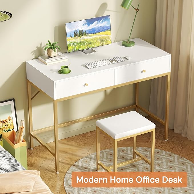 SUPERJARE 35.4" White and Gold Desk with 2 Drawers, Modern Makeup Vanity Desk with Padded Stool, Small Computer Desk Home Office Desk for Writing Study Bedroom - LeafyLoom