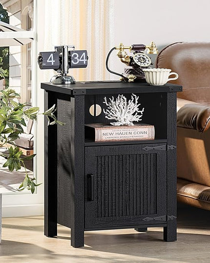 Night Stand, 18 Inch Farmhouse Nightstand with with Charging Station and USB Port, Rustic Couch End Table with Magnetic Door, Wood Bed Side Tables for Bedroom, Home, Black - LeafyLoom