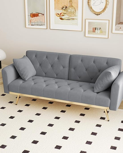 Velvet Upholstered Modern Convertible Futon Couch Folding Sofa Bed Recliner Lounge Loveseat Daybed Sofacama with Adjustable Backrest and Golden Legs for Small RV Living Room Office, Gray 68.3" - LeafyLoom