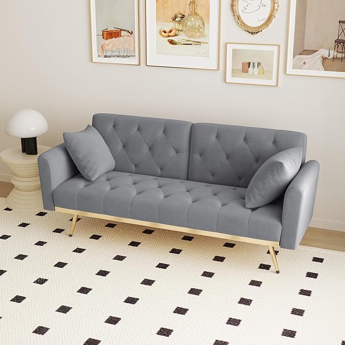 Velvet Upholstered Modern Convertible Futon Couch Folding Sofa Bed Recliner Lounge Loveseat Daybed Sofacama with Adjustable Backrest and Golden Legs for Small RV Living Room Office, Gray 68.3" - LeafyLoom