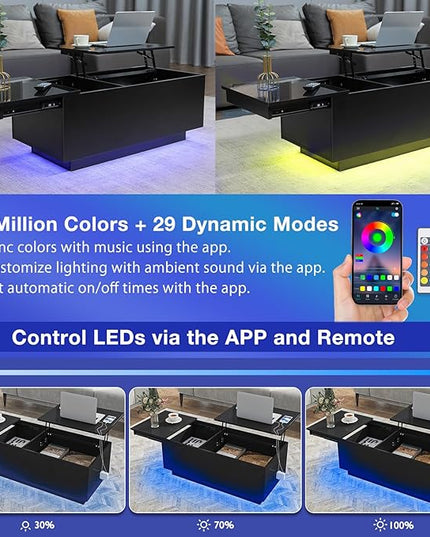 HOMMPA LED Coffee Table for Living Room Lift Top Coffee Tables with Power Outlet Black Morden Center Table with Storage Hidden Compartment High Gloss Lift Tabletop - LeafyLoom