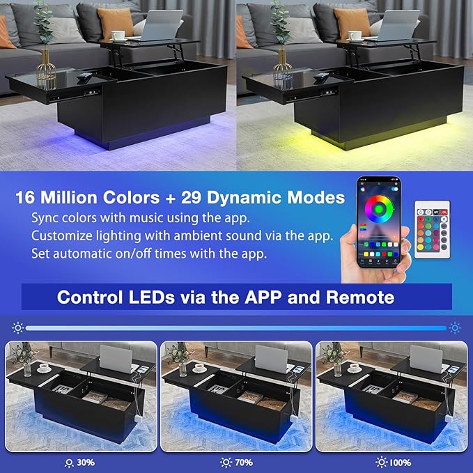 HOMMPA LED Coffee Table for Living Room Lift Top Coffee Tables with Power Outlet Black Morden Center Table with Storage Hidden Compartment High Gloss Lift Tabletop - LeafyLoom