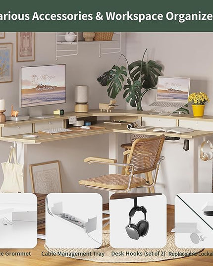 FEZIBO 63" L Shaped Standing Desk with 4 Drawers, Electric Standing Gaming Desk Adjustable Height, Corner Stand up Desk with Splice Board, White Frame/Light Walnut Top - LeafyLoom