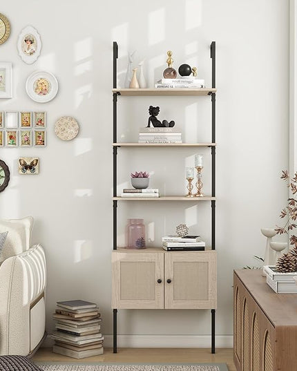 Panana Modern 3 Tier Bookcase with Rattan Cabinet in Light Oak Finish with Matte Black Metal Frame for Living Room, Home Office Storage (Light Oak, 3-Tier) - LeafyLoom