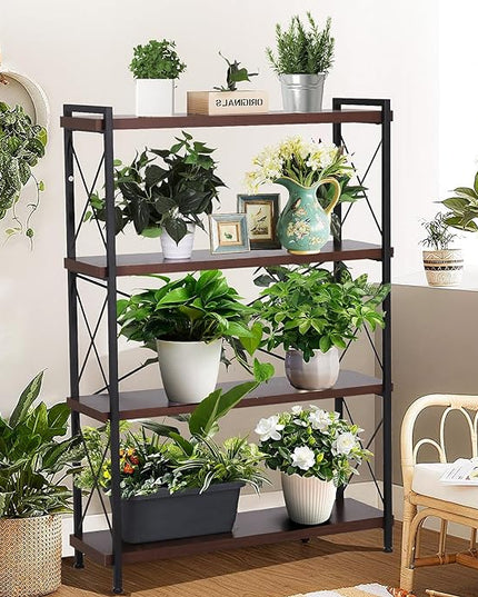 Small Shelf Industrial Bookshelf,4-Tier Wood Short Book Shelf Office Shelves with Metal Frame,Rustic Bookshelves Open Shelf Bookcase for Bedroom,Living Room,Office Home(Berry Brown) - LeafyLoom