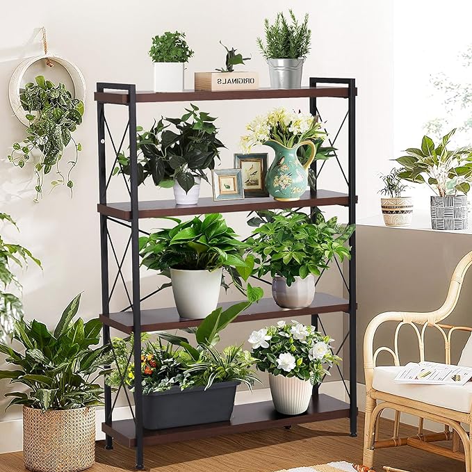 Small Shelf Industrial Bookshelf,4-Tier Wood Short Book Shelf Office Shelves with Metal Frame,Rustic Bookshelves Open Shelf Bookcase for Bedroom,Living Room,Office Home(Berry Brown) - LeafyLoom
