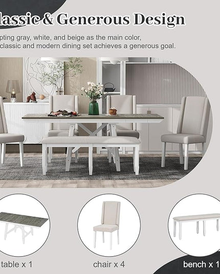 78Inch Dining Table Set for 6, Rectangular Extendable Dining Table with two 12" W Removable Leaves and 4 Upholstered Chairs & 1 Bench for Dining Room, Brown+White - LeafyLoom