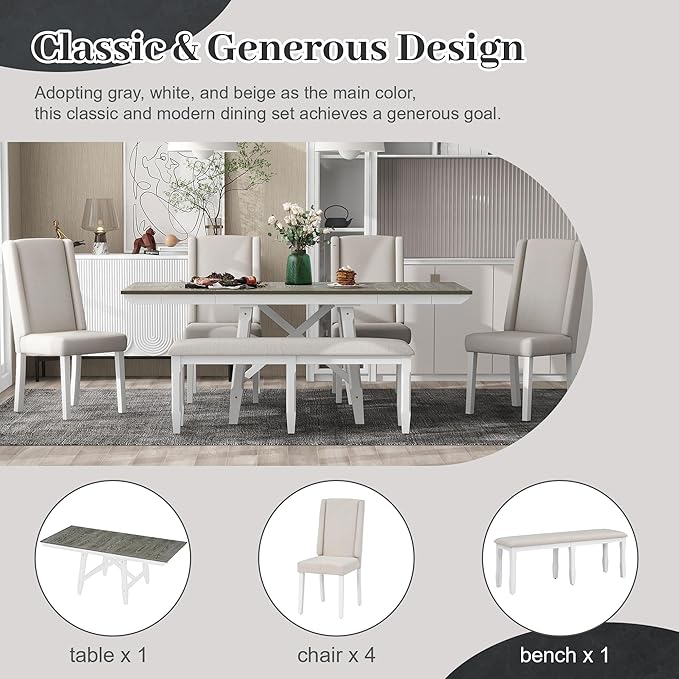 78Inch Dining Table Set for 6, Rectangular Extendable Dining Table with two 12" W Removable Leaves and 4 Upholstered Chairs & 1 Bench for Dining Room, Brown+White - LeafyLoom