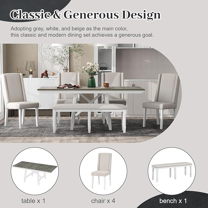 6-Piece Wooden Extendable Dining Table Set with two 12" W Removable Leaves and 4 Upholstered Chairs & 1 Bench for Kitchen Room, Brown+White - LeafyLoom