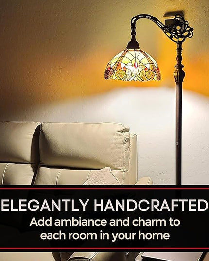 Amora Tiffany Style Floor Lamp Arched Vintage Antique 62" Tall Stained Glass Brown Red Tan Traditional Light Decor Bedroom Living Room Reading Gift AM344FL12 Lighting - LeafyLoom