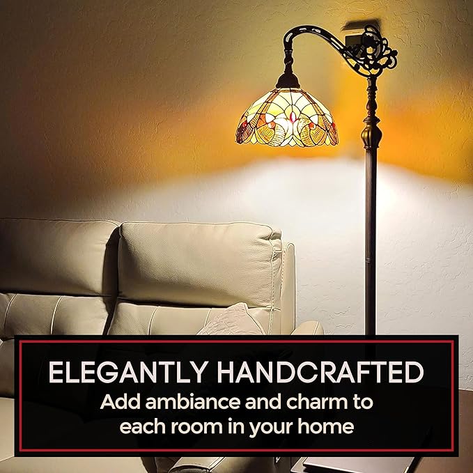 Amora Tiffany Style Floor Lamp Arched Vintage Antique 62" Tall Stained Glass Brown Red Tan Traditional Light Decor Bedroom Living Room Reading Gift AM344FL12 Lighting - LeafyLoom