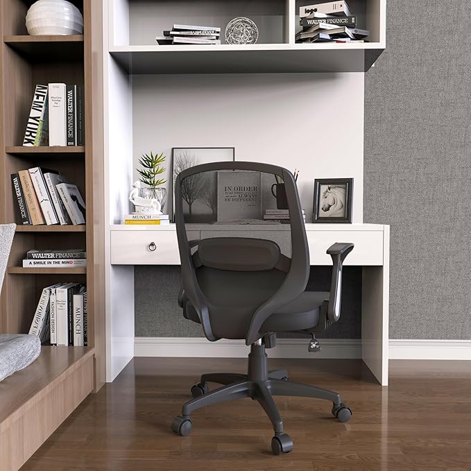 KOLLIEE Mid Back Mesh Office Chair Ergonomic Swivel Black Desk Office Chair Flip Up Armrests with Lumbar Support Adjustable Height Computer Task Chairs - LeafyLoom