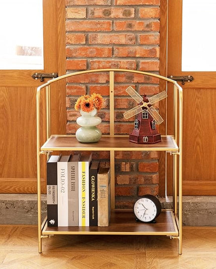 No Assembly Folding Bookshelf for Living Room, 2 Tier Gold Collapsible Book Shelf for Home Office, Portable Bookcase Storage Organizer - LeafyLoom