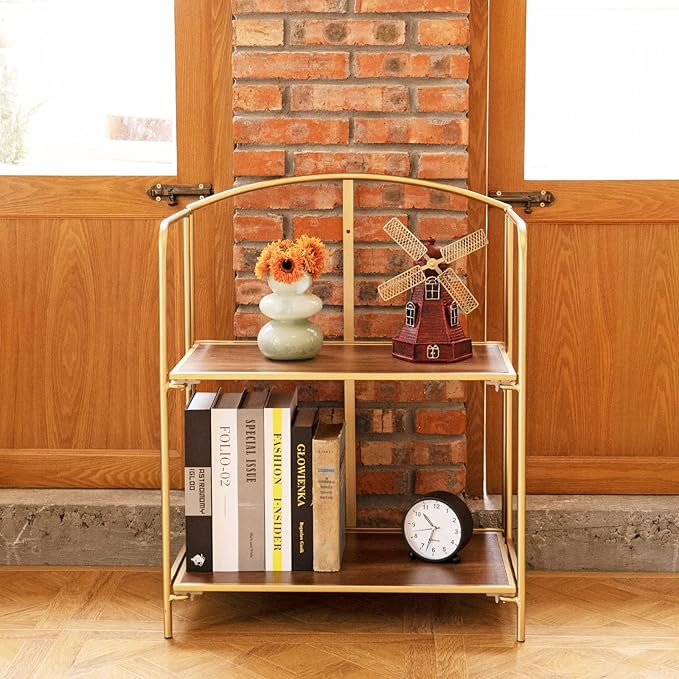 No Assembly Folding Bookshelf for Living Room, 2 Tier Gold Collapsible Book Shelf for Home Office, Portable Bookcase Storage Organizer - LeafyLoom