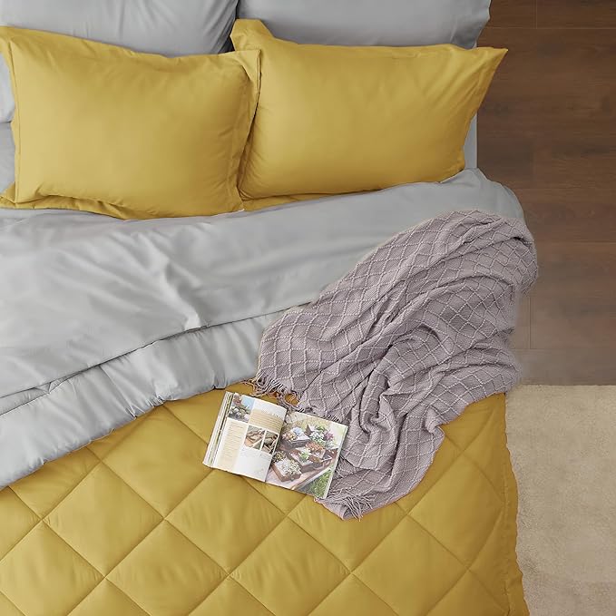 Bedsure Mustard Yellow California King Comforter Set - 7 Pieces Reversible Cal King Bed in a Bag, Cal King Mustard Yellow and Grey Bed Set with Comforters, Sheets, Pillowcases & Shams - LeafyLoom