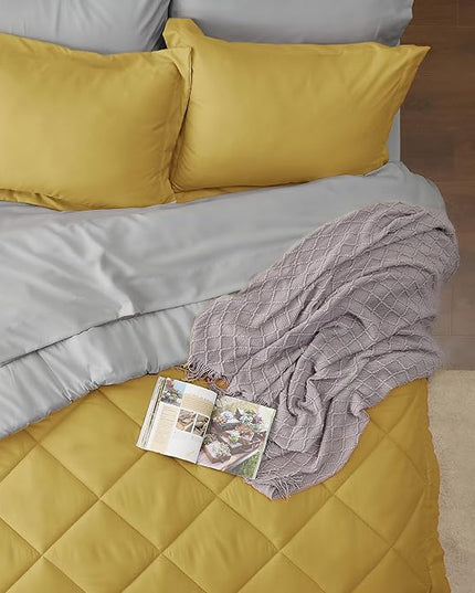 Bedsure Mustard Yellow Twin Comforter Set - 5 Pieces Reversible Twin Bed in a Bag for College, Extra Long Twin Bed Set Mustard Yellow and Grey with Comforters, Sheets, Pillowcase & Sham - LeafyLoom