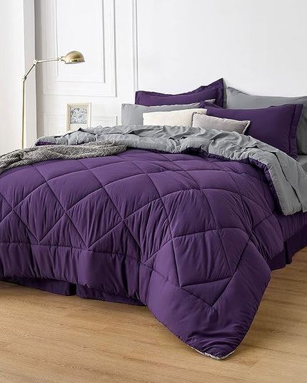 Bedsure Purple California King Comforter Set - 7 Pieces Reversible Bed Set Bed in a Bag California King with Comforters, Sheets, Pillowcases & Shams, California King Bedding Sets - LeafyLoom
