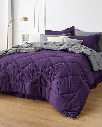 Bedsure Purple Twin Comforter Sets - 5 Pieces Reversible Twin Bedding Sets for College, Purple Extra Long Bed Set Twin with Comforters, Sheets, Pillowcase & Sham - LeafyLoom