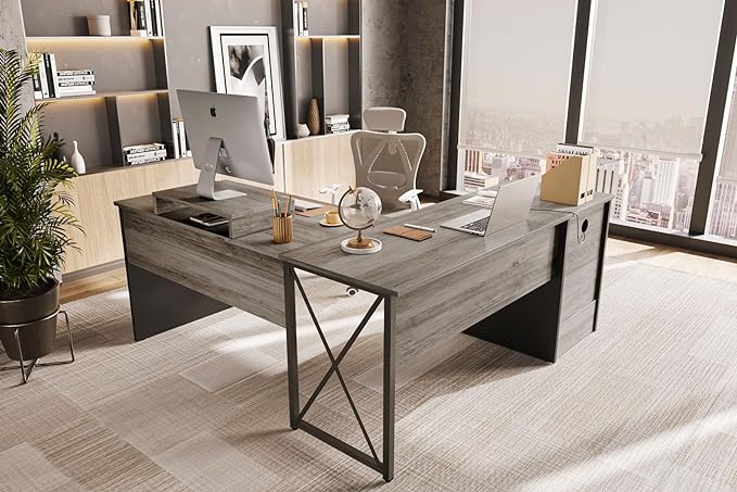 Bestier Lift Top L Shaped Desk with File Drawer, 55'' x 55'' Office Desk with Reversible Storage Drawers, L Shaped Standing Desk with Computer Monitor Stand (Grey Wash, 55'' x 55'') - LeafyLoom