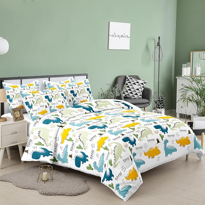 NINENINE Dinosaur Bedding Set for Kids,Twin Comforter Sets for Kids Boys,Blue Dinosaur Comforter Sets Cute Bed Set with 1 Comforter 1 Pillowcase - LeafyLoom