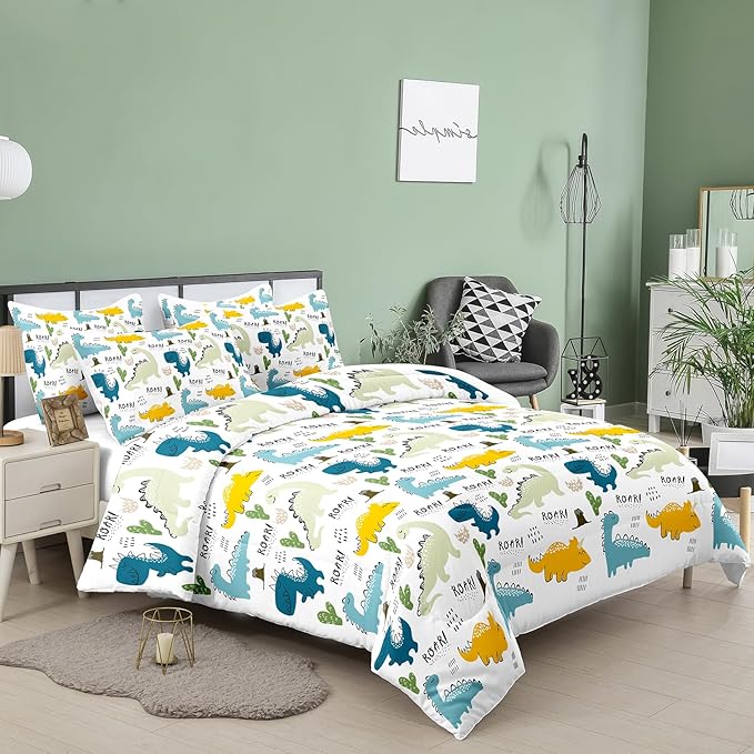 NINENINE Dinosaur Bedding Set for Kids,Queen Size Dinosaur Comforter Sets for kids boys,Blue Bedding Sets Cute Bed Set with 1 Comforter 2 Pillowcases - LeafyLoom