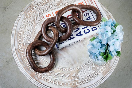 Wood Chain Link Decor Hand Carved 5-Link Wood Knot Decorative Chain, Rustic Wood Link Decorative Object Large Wooden Chain for Home Living Room Coffee Table Farmhouse Walnut - LeafyLoom