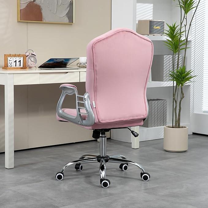 Vinsetto Home Office Chair, Velvet Computer Chair, Button Tufted Desk Chair with Swivel Wheels, Adjustable Height, and Tilt Function, Pink - LeafyLoom