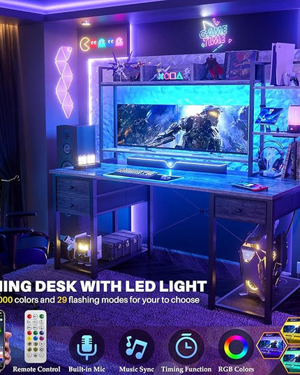 Aheaplus Desk with LED and Outlets, Gaming Desk with Hutch, 55.2'' Computer Desk with Drawers, Reversible office desk with storage bookshelf Large Workstation Desk with Shelf, Desk for Home, Black Oak - LeafyLoom