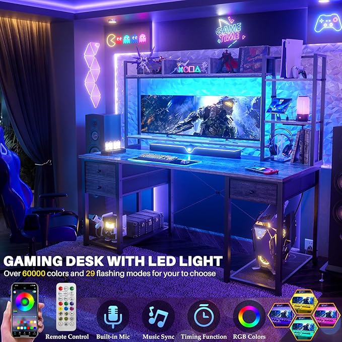 Aheaplus Desk with LED and Outlets, Gaming Desk with Hutch, 55.2'' Computer Desk with Drawers, Reversible office desk with storage bookshelf Large Workstation Desk with Shelf, Desk for Home, Black Oak - LeafyLoom