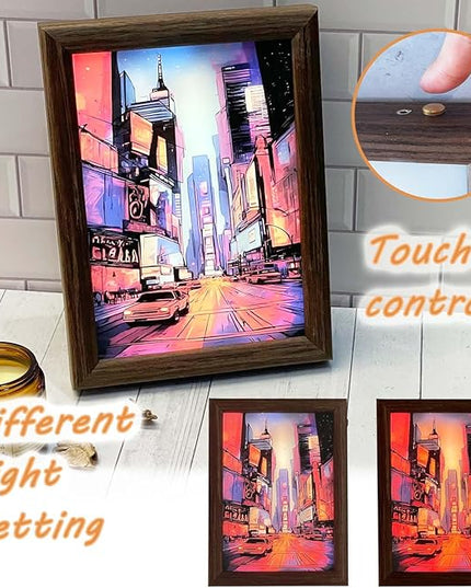Upgraded Lighting Shadow Art Painting Decoration, Touch Control Color Change Light with Walnut Wood Photo Frame and USB Charging, Excellent Glowing Memoriable Present. (Cyber Time Square) - LeafyLoom