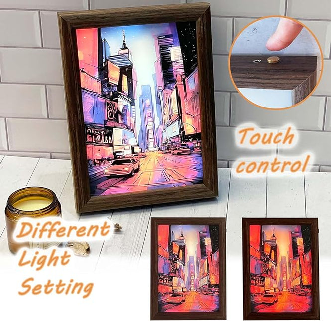 Upgraded Lighting Shadow Art Painting Decoration, Touch Control Color Change Light with Walnut Wood Photo Frame and USB Charging, Excellent Glowing Memoriable Present. (Cyber Time Square) - LeafyLoom