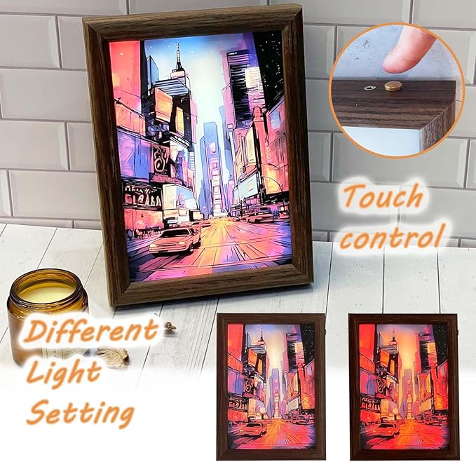 Upgraded Lighting Shadow Art Painting Decoration, Touch Control Color Change Light with Walnut Wood Photo Frame and USB Charging, Excellent Glowing Memoriable Present. (Cyber Time Square) - LeafyLoom