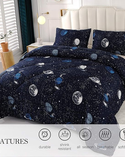 ENJOHOS Comforter for Queen Size Bed, Blue Queen Comforter Set with Galaxy Space Design, Lightweight Soft Microfiber Comforter with 2 Pillow Cases for All Season - LeafyLoom