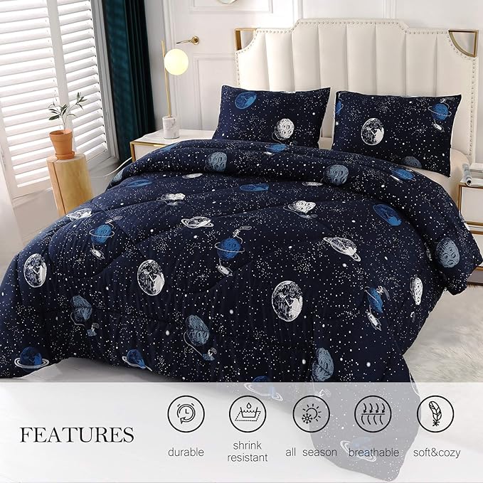 ENJOHOS Space Bedding Comforter Set Full Size for College Boy, 3 Pieces Galaxy Summer Bedding Full, Lightweight Soft Microfiber Universe Blanket Comforter, Dark Blue Comforter for Kid - LeafyLoom